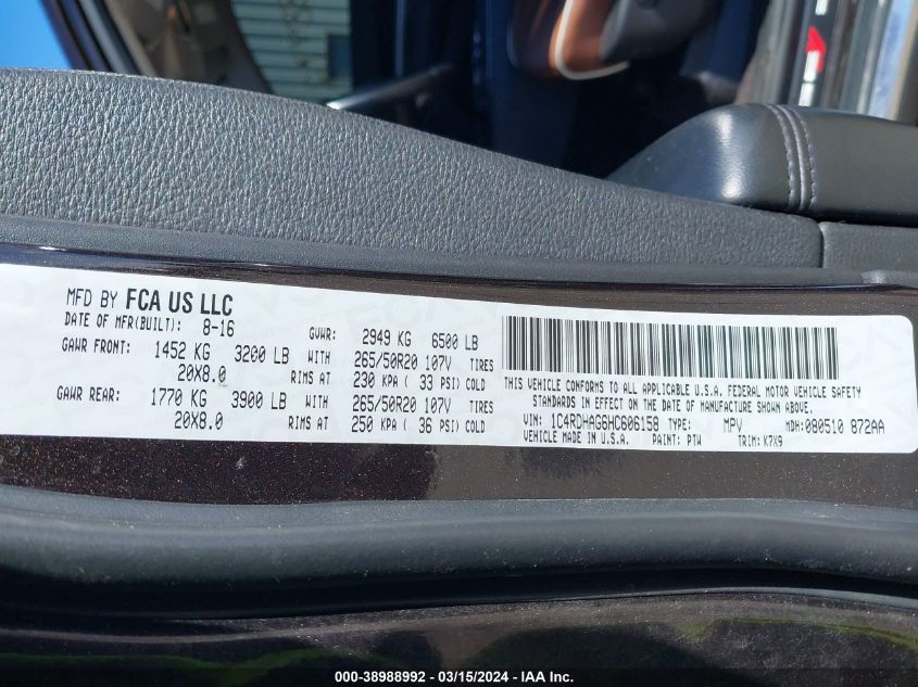 2017 DODGE DURANGO SXT RWD - 1C4RDHAG6HC606158