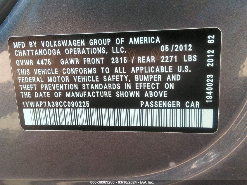 1VWAP7A38CC090225 | 2012 VOLKSWAGEN PASSAT