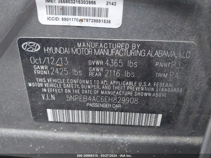 2014 Hyundai Sonata Gls VIN: 5NPEB4AC6EH829908 Lot: 38989315