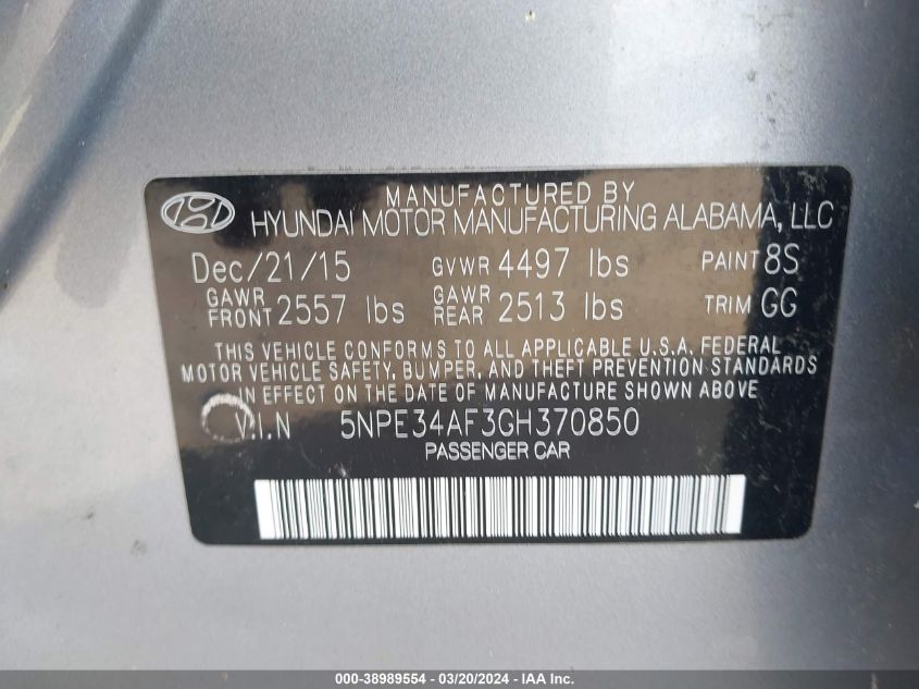 5NPE34AF3GH370850 | 2016 HYUNDAI SONATA