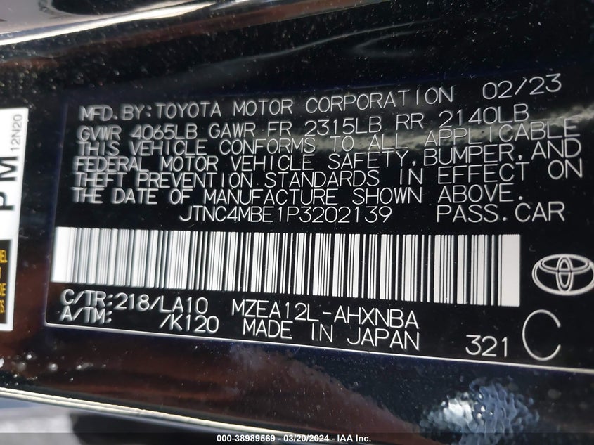 2023 TOYOTA COROLLA 2.0L I-4 DI, DOHC, V(VIN: JTNC4MBE1P3202139