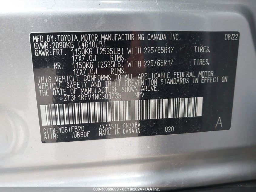 VIN 2T3F1RFV1NC301735 2022 TOYOTA RAV4 LE