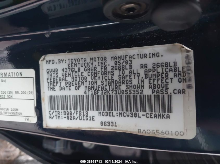 4T1BF32K73U055352 2003 Toyota Camry Le V6