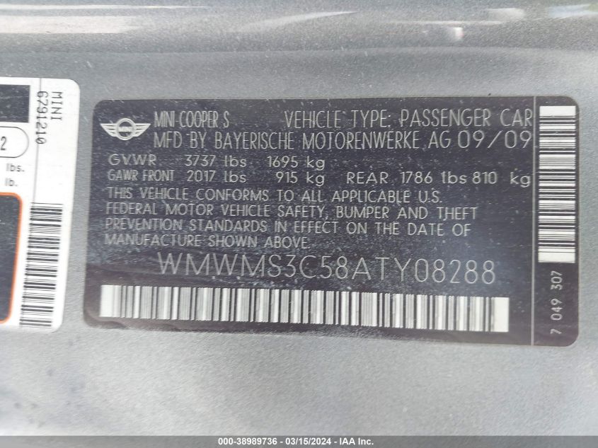 WMWMS3C58ATY08288 | 2010 MINI COOPER S