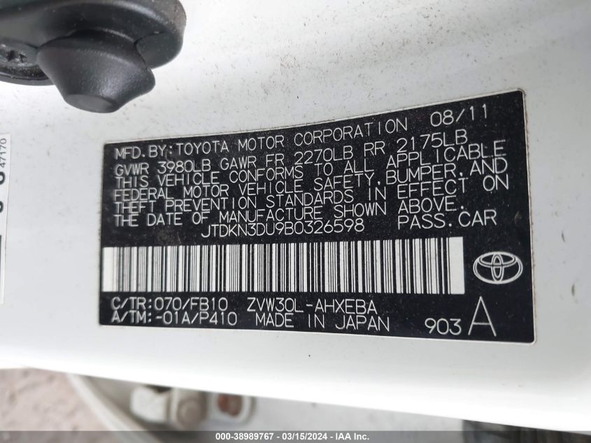 JTDKN3DU9B0326598 | 2011 TOYOTA PRIUS