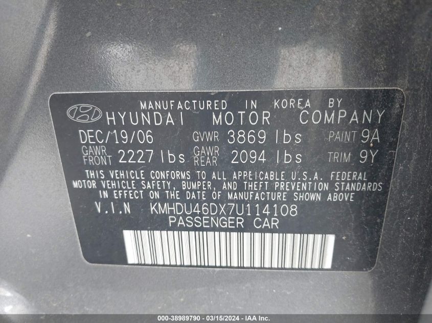 KMHDU46DX7U114108 | 2007 HYUNDAI ELANTRA