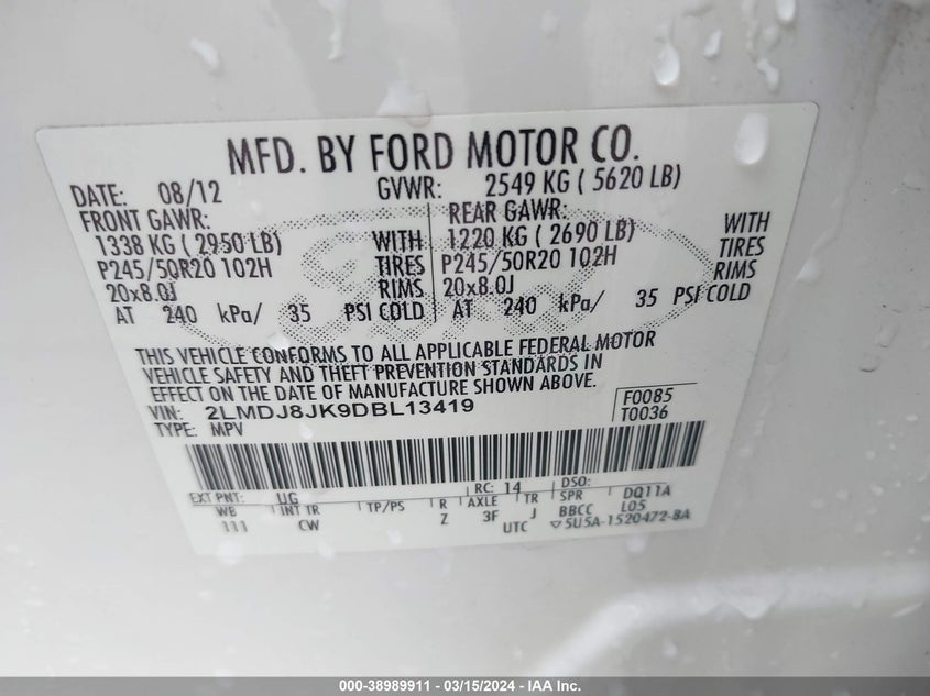 2013 LINCOLN MKX - 2LMDJ8JK9DBL13419