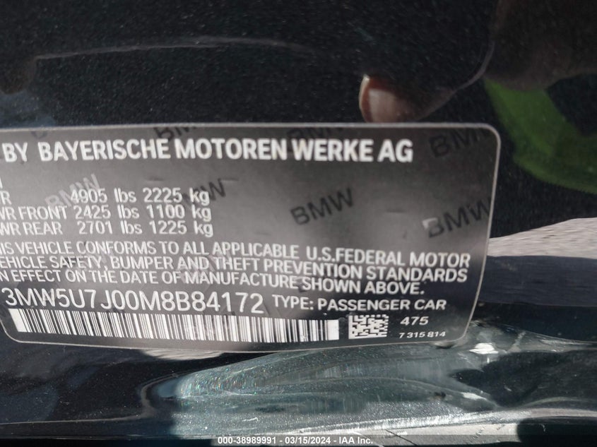 2021 BMW 3 SERIES VIN: 3MW5U7J00M8B84172