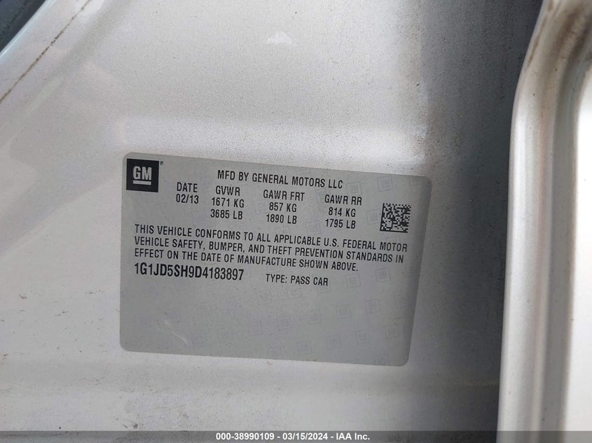 2013 CHEVROLET SONIC LT MANUAL - 1G1JD5SH9D4183897