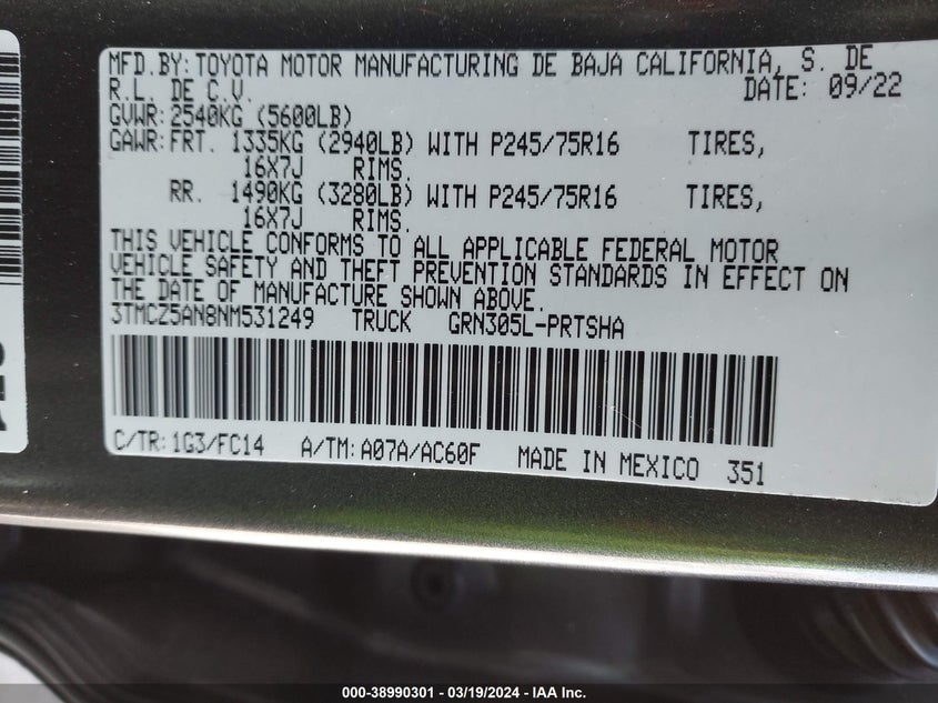 2022 TOYOTA TACOMA SR5 V6 - 3TMCZ5AN8NM531249