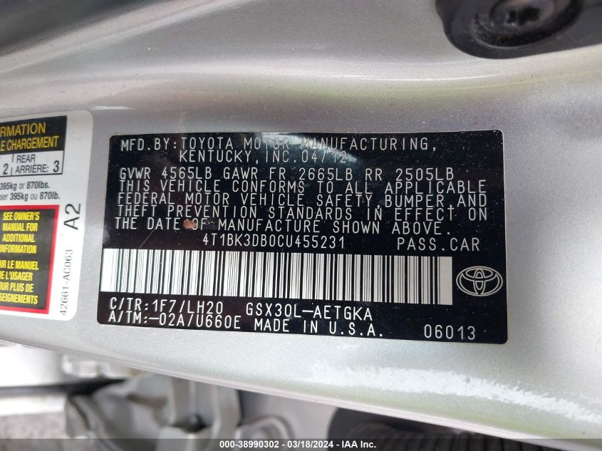 4T1BK3DB0CU455231 | 2012 TOYOTA AVALON