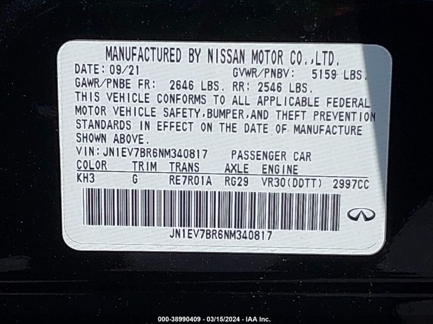 JN1EV7BR6NM340817 | 2022 INFINITI Q50