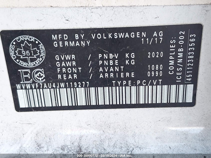 2018 VOLKSWAGEN GOLF R - WVWVF7AU4JW119277