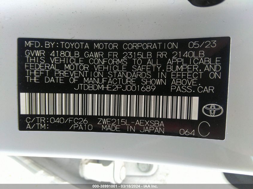 2023 Toyota Corolla Hybrid Se Infrared VIN: JTDBDMHE2PJ001689 Lot: 38991001