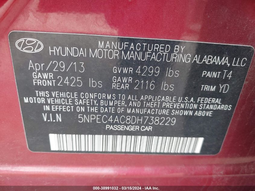 5NPEC4AC8DH738229 | 2013 HYUNDAI SONATA