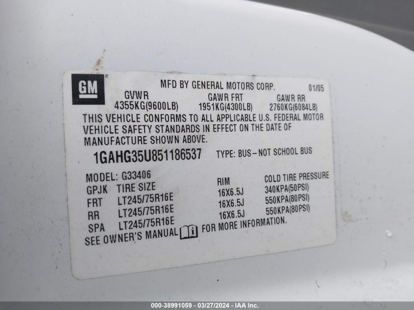 2005 Chevrolet Express VIN: 1GAHG35U851186537 Lot: 38991059