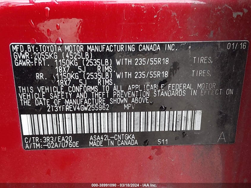 2016 TOYOTA RAV4 LIMITED - 2T3YFREV4GW255962