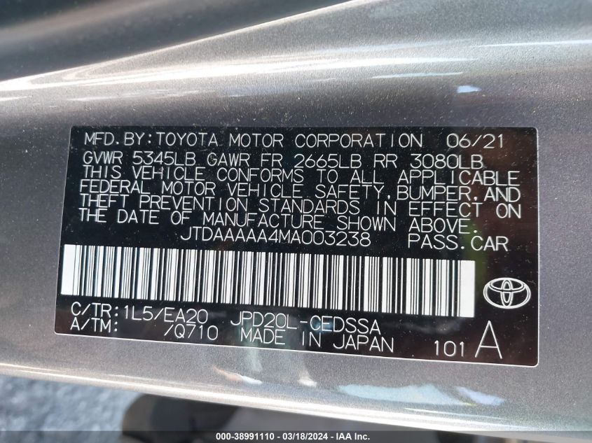 2021 Toyota Mirai Xle VIN: JTDAAAAA4MA003238 Lot: 38991110