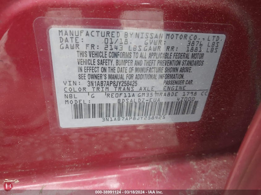 VIN 3N1AB7AP8JY258425 2018 NISSAN SENTRA S/SV/SR/SL