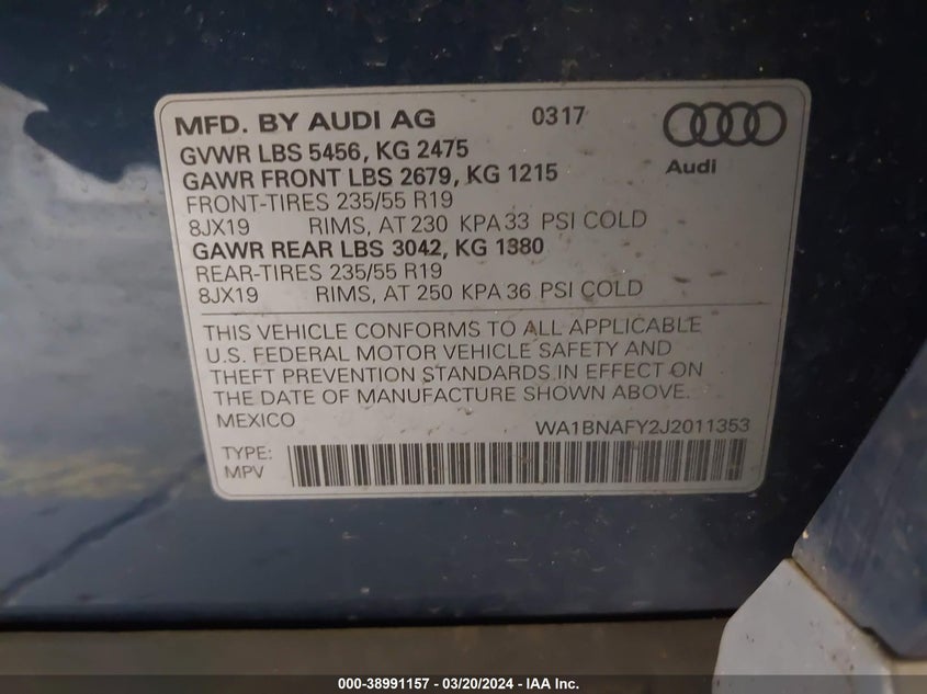 VIN WA1BNAFY2J2011353 2018 AUDI Q5 2.0T PREMIUM/2.0T TECH PREMIUM