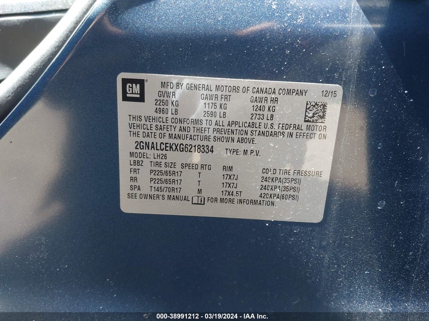 2016 CHEVROLET EQUINOX LT - 2GNALCEKXG6218334