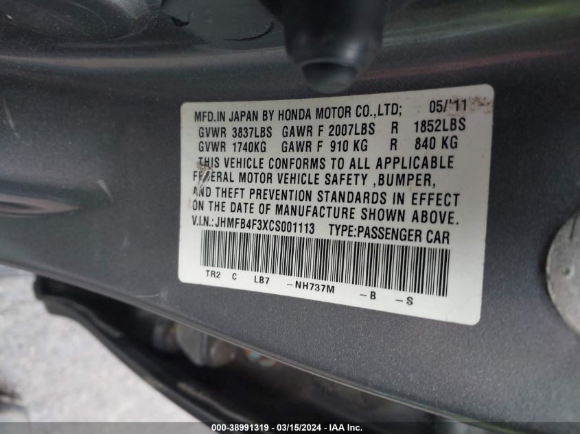 JHMFB4F3XCS001113 | 2012 HONDA CIVIC HYBRID