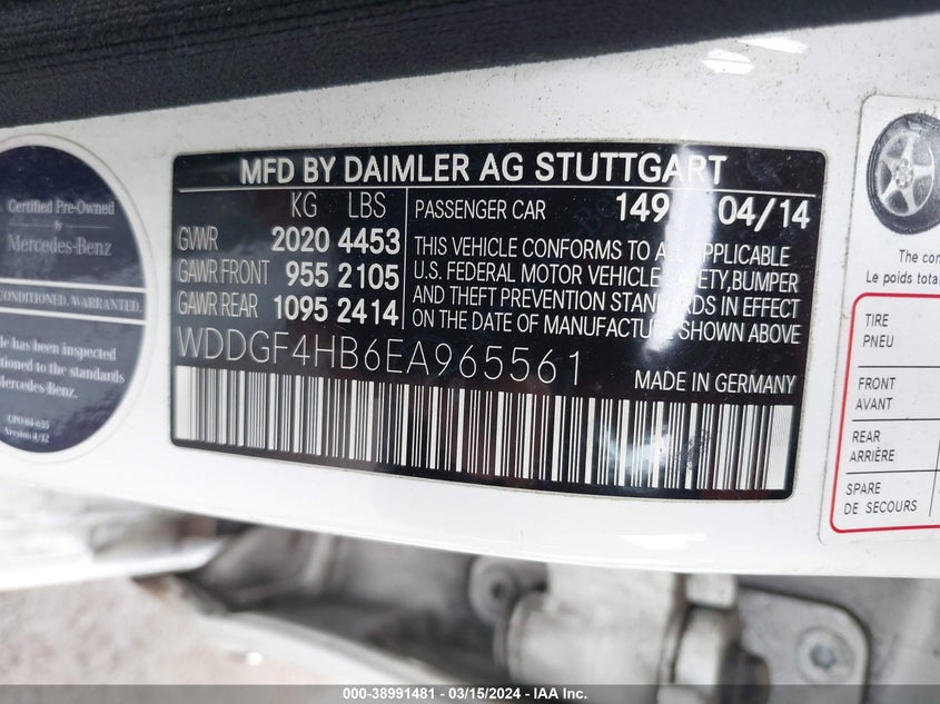 2014 MERCEDES-BENZ C-CLASS VIN: WDDGF4HB6EA965561