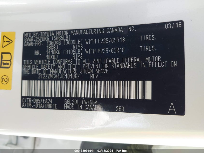 VIN 2T2ZZMCA4JC101067 2018 LEXUS RX 350