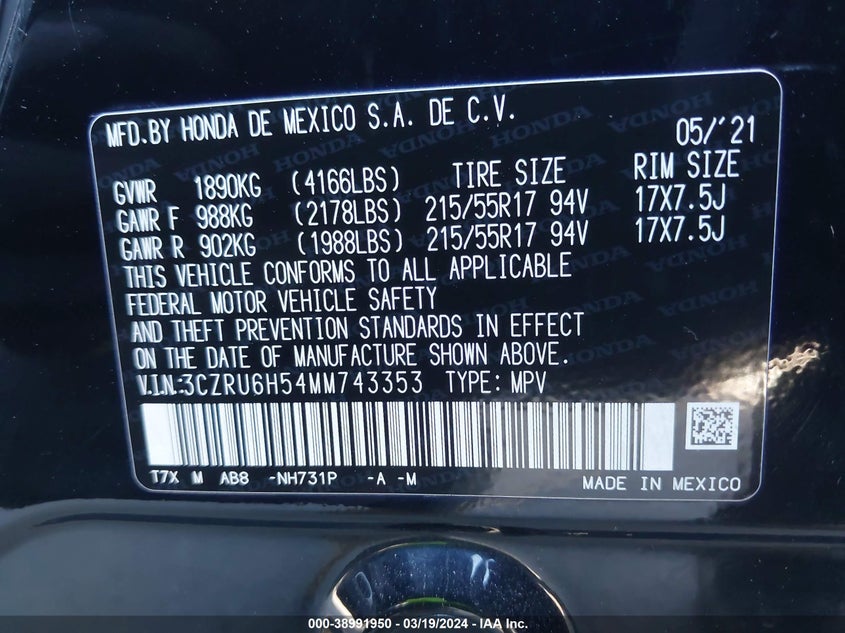 2021 HONDA HR-V AWD EX 3CZRU6H54MM743353