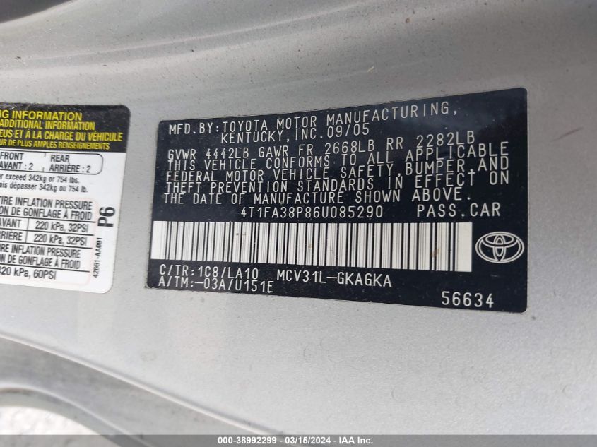 4T1FA38P86U085290 2006 Toyota Camry Solara Sle