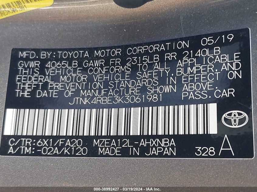 VIN JTNK4RBE3K3061981 2019 TOYOTA COROLLA SE/XSE
