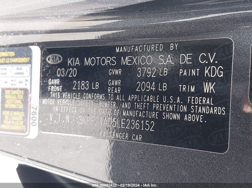 2020 KIA FORTE FE/LXS - 3KPF24AD5LE236152