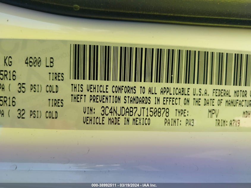 VIN 3C4NJDAB7JT150878 2018 JEEP COMPASS SPORT 4X4