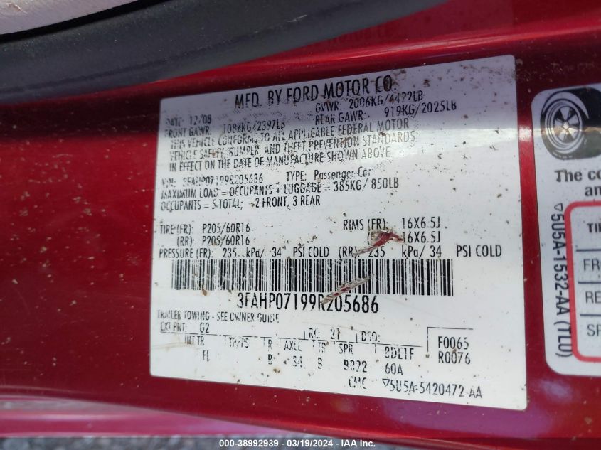 3FAHP07199R205686 | 2009 FORD FUSION