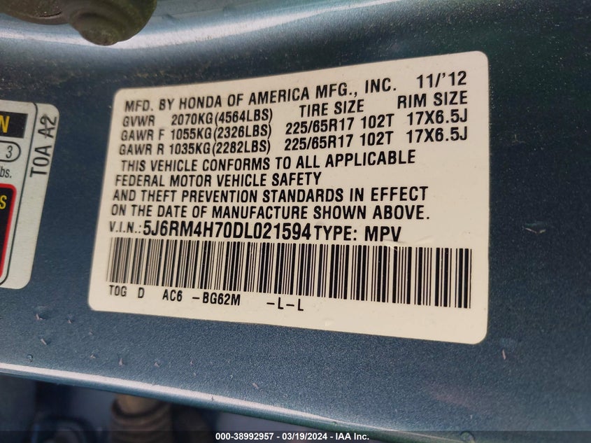 2013 HONDA CR-V EX-L - 5J6RM4H70DL021594