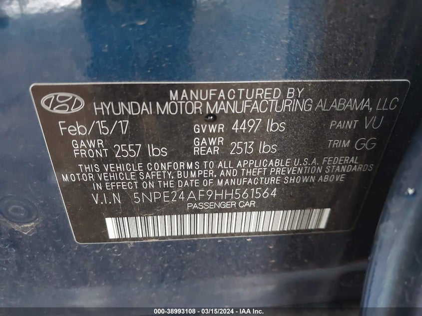 VIN 5NPE24AF9HH561564 2017 HYUNDAI SONATA SE