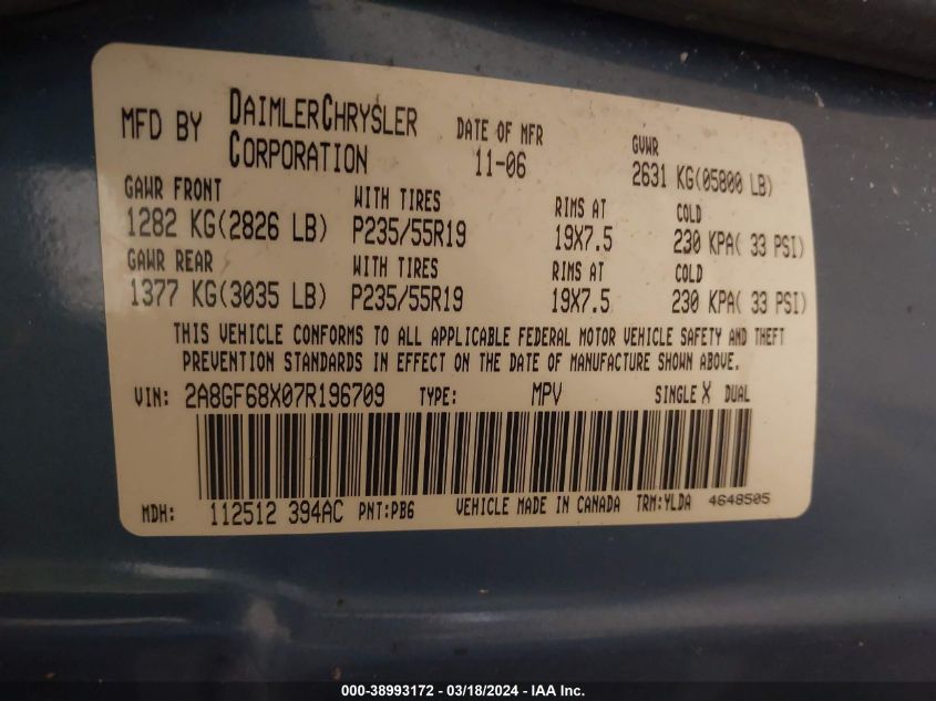 2A8GF68X07R196709 | 2007 CHRYSLER PACIFICA