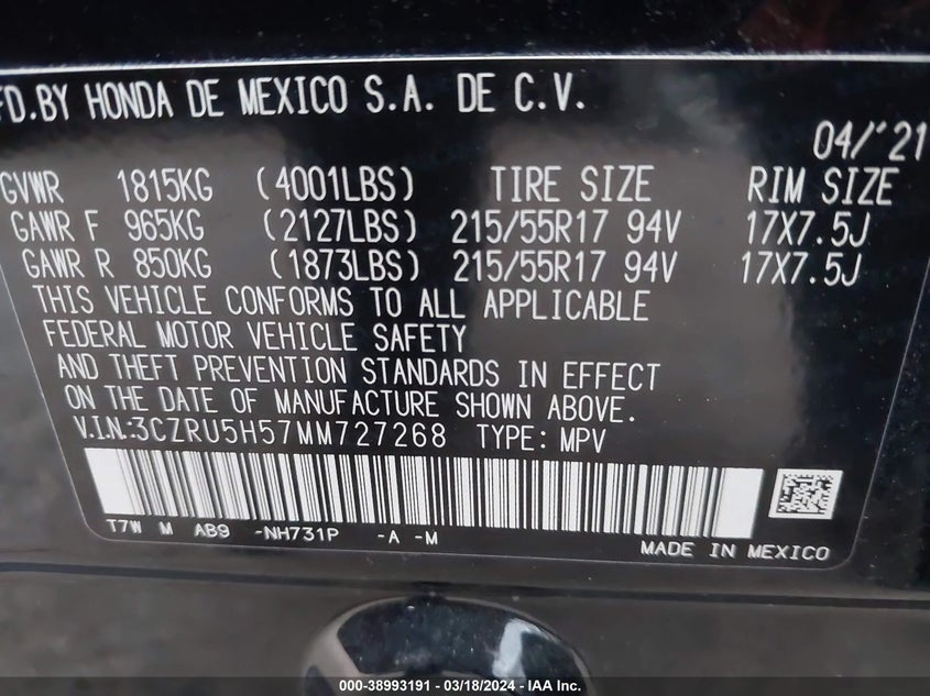 VIN 3CZRU5H57MM727268 2021 HONDA HR-V EX