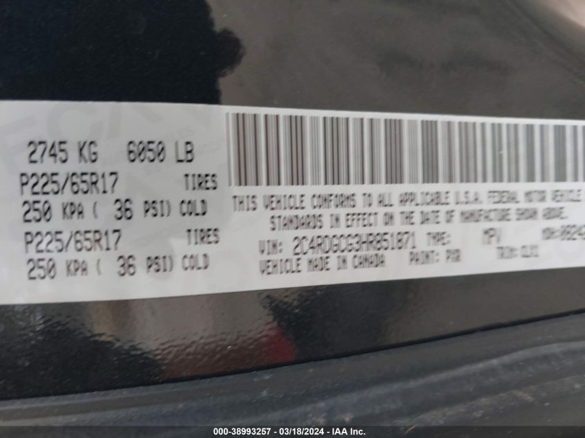 VIN 2C4RDGCG3HR851871 2017 DODGE GRAND CARAVAN SXT