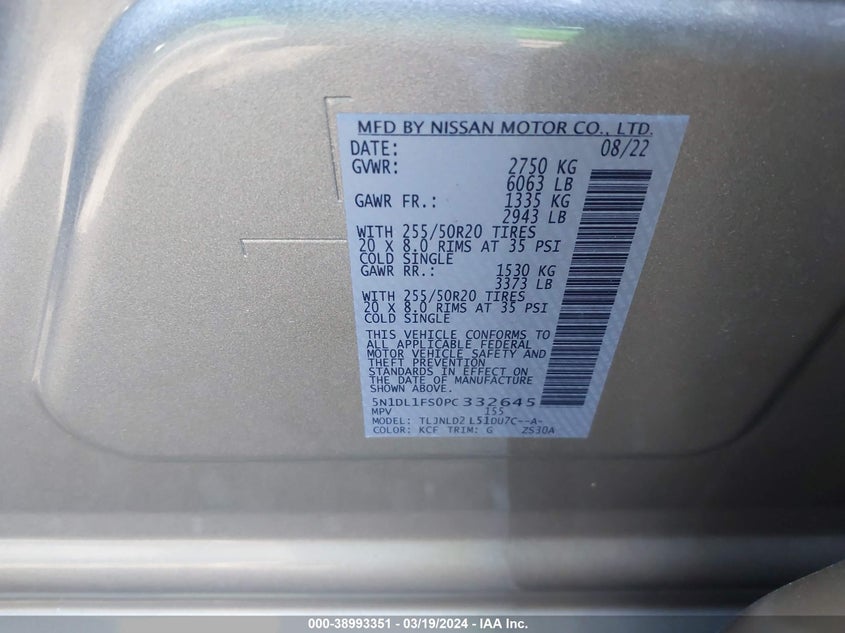 VIN 5N1DL1FS0PC332645 2023 INFINITI QX60 LUXE