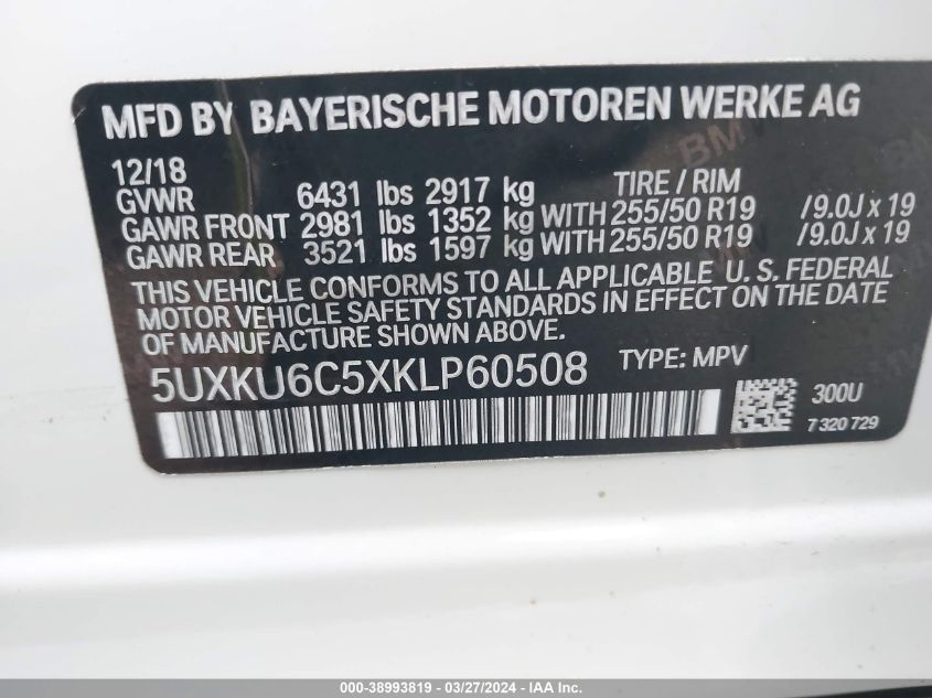 VIN 5UXKU6C5XKLP60508 2019 BMW X6, Xdrive50I no.9