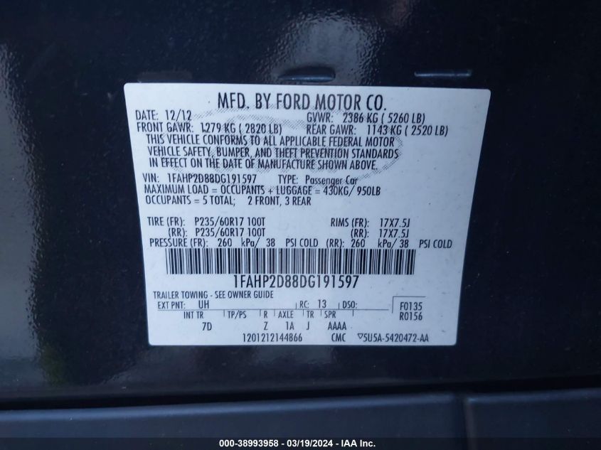 1FAHP2D88DG191597 | 2013 FORD TAURUS