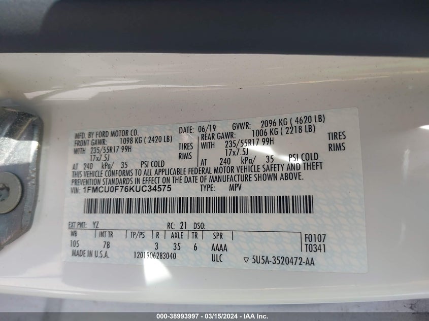 VIN 1FMCU0F76KUC34575 2019 FORD ESCAPE S