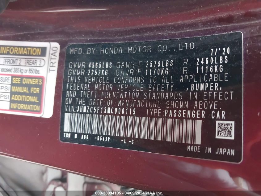 2021 Honda Clarity Plug-In Hybrid VIN: JHMZC5F13MC000119 Lot: 38994105