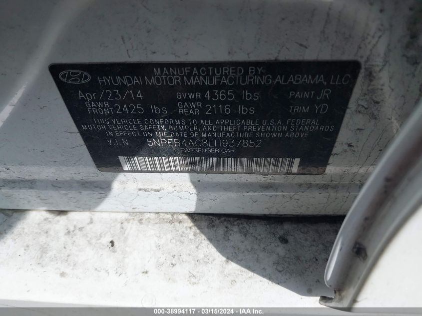 2014 HYUNDAI SONATA GLS - 5NPEB4AC8EH937852