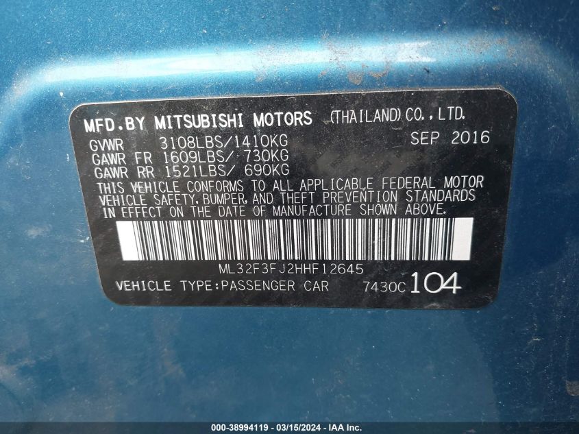 2017 Mitsubishi Mirage G4 Es VIN: ML32F3FJ2HHF12645 Lot: 38994119