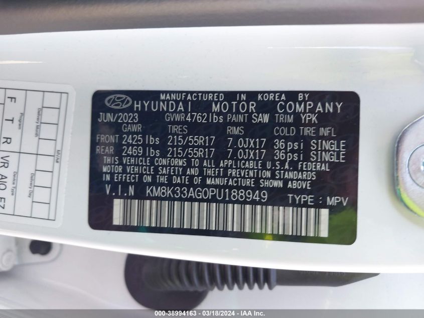 2023 Hyundai Kona Electric Sel VIN: KM8K33AG0PU188949 Lot: 38994163