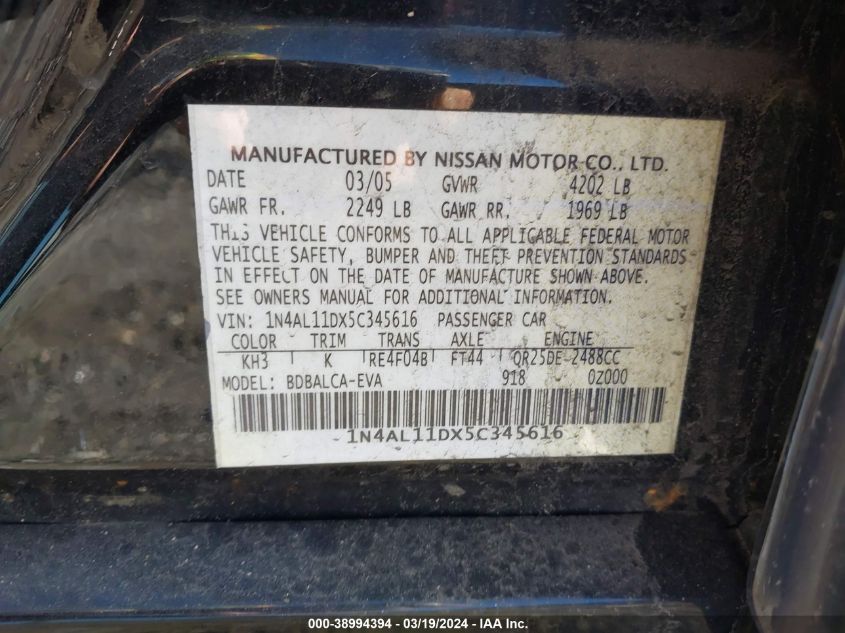 1N4AL11DX5C345616 | 2005 NISSAN ALTIMA