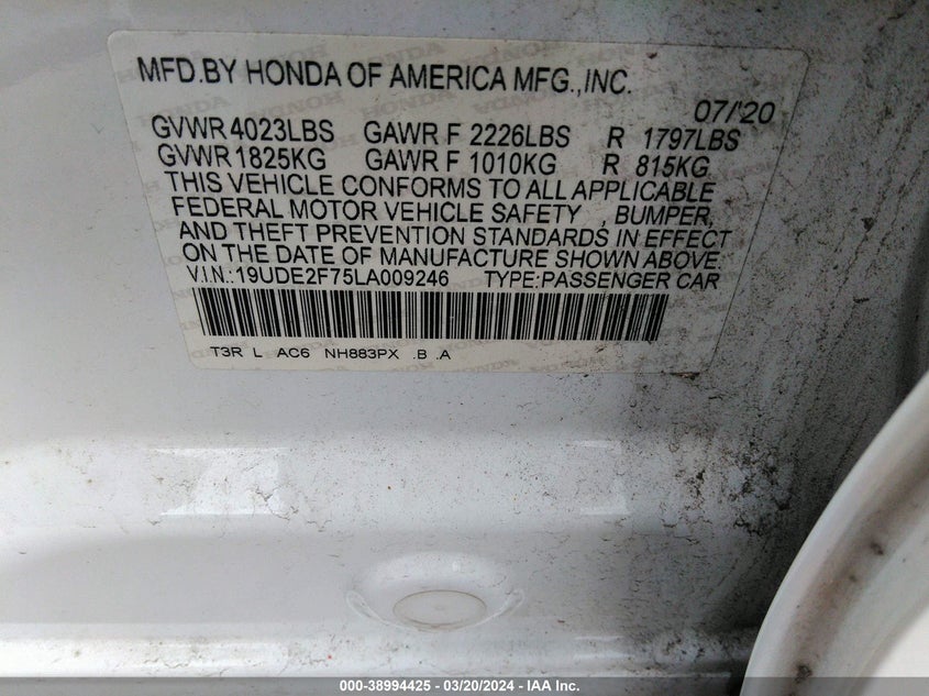 VIN 19UDE2F75LA009246 2020 ACURA ILX PREMIUM/TECHNOLOGY