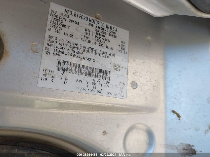 2004 Ford Expedition Xlt VIN: 1FMRU15WX4LA14213 Lot: 38994455